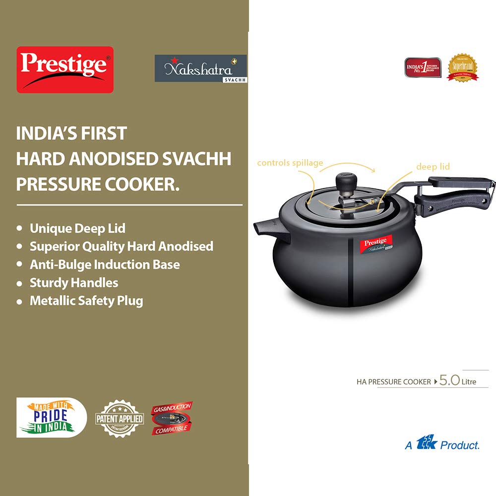 Prestige Nakshatra Plus Svachh Hard Anodized Inner Lid Pressure Handi, 5 Litres, Black - 10761