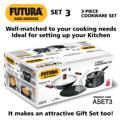 Hawkins Futura 3 Pieces Hard Anodised Cookware Set 3 - 26cm Tava, 3 Litres Handi Sauce Pan With One Hard Anodised Lid and 2.5 Litres Deep Fry Pan With SS Lid - ASET3