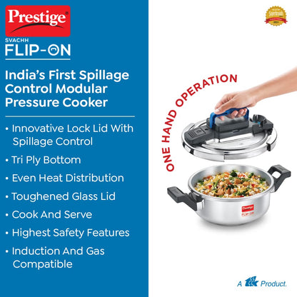 Prestige 3 Litres Svachh FLIP-ON Stainless Steel Pressure Cooker with glass lid | Innovative lock lid with spillage control | Gas & Induction compatible | 5 years warranty - 20156