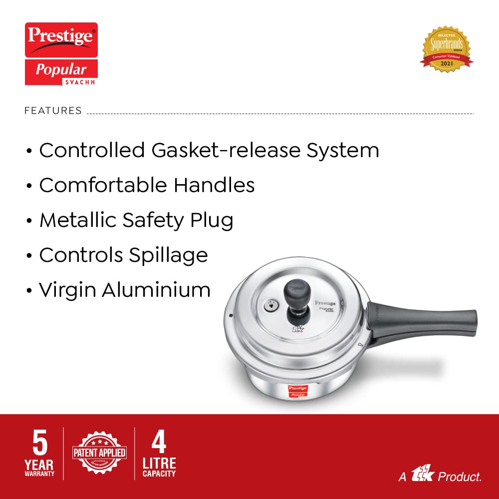 Prestige Popular Svachh Aluminium Spillage Control Outer Lid Pressure Cooker 4 Litres - 10166