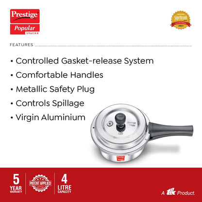 Prestige Popular Svachh Aluminium Spillage Control Outer Lid Pressure Cooker 4 Litres - 10166