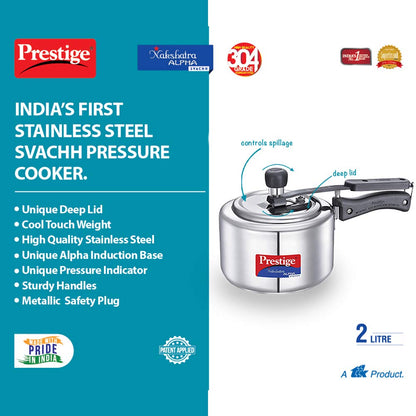 Prestige Nakshatra Alpha Svachh Stainless Steel, 2 Litres, Straight Wall, Spillage Control Pressure Cooker - 20244