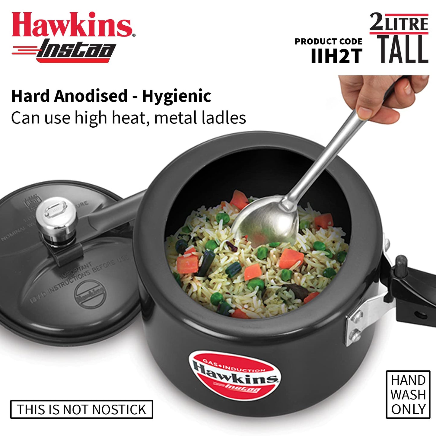 Hawkins Instaa 2 Litres Hard Anodised Pressure Cooker, Induction Base Inner Lid Cooker, Black - IIH2T