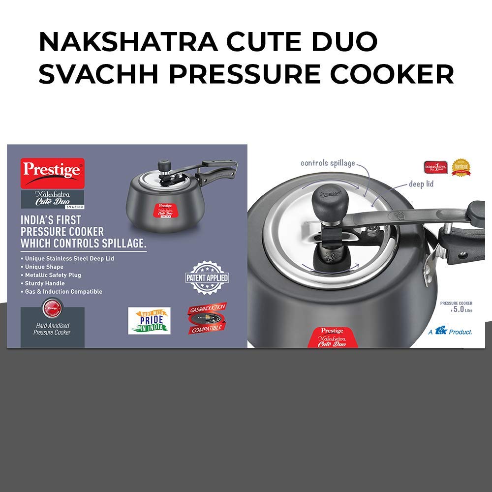 Prestige Nakshatra Cute DUO Svachh Hard Anodised Inner Lid Pressure Cooker, 5 Litres, Black - 20261