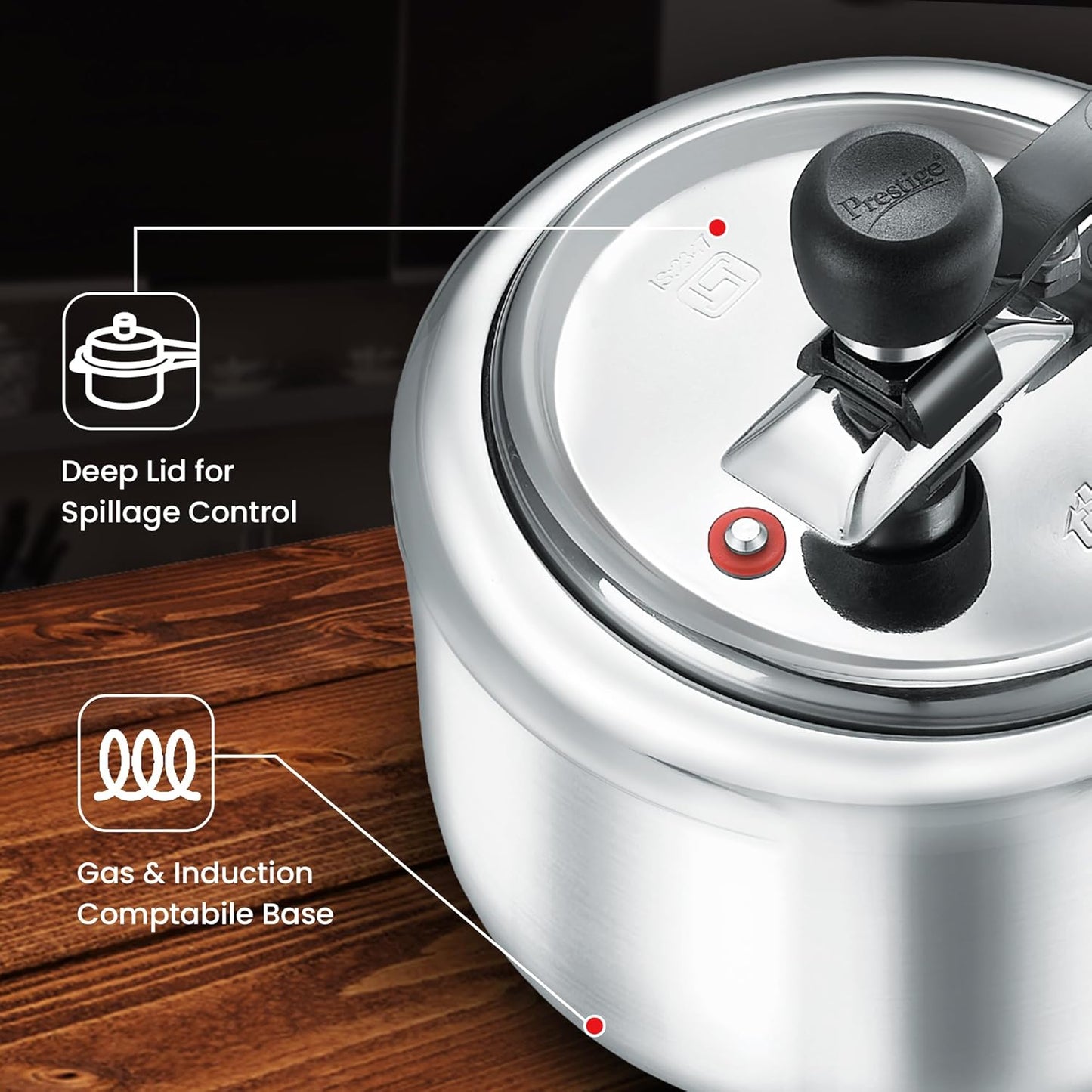 Prestige Triply Svachh Inner Lid Pressure Cooker 2 Litres, Three-Layer Design | Visual Pressure Indicator | Gas And Induction Compatible - 20717