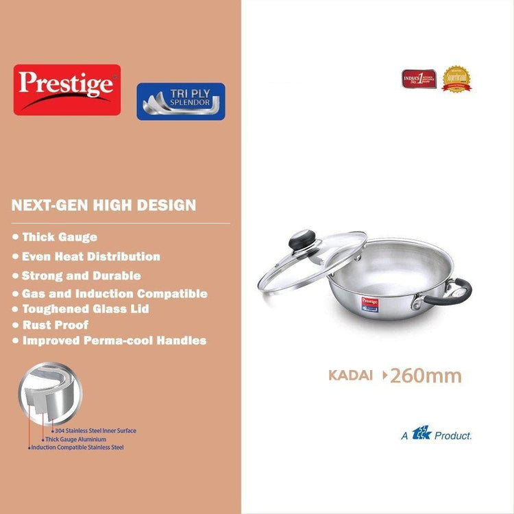 Prestige Tri-ply Splendor Stainless Steel Kadai 260mm | 3.25 Litres - 37425