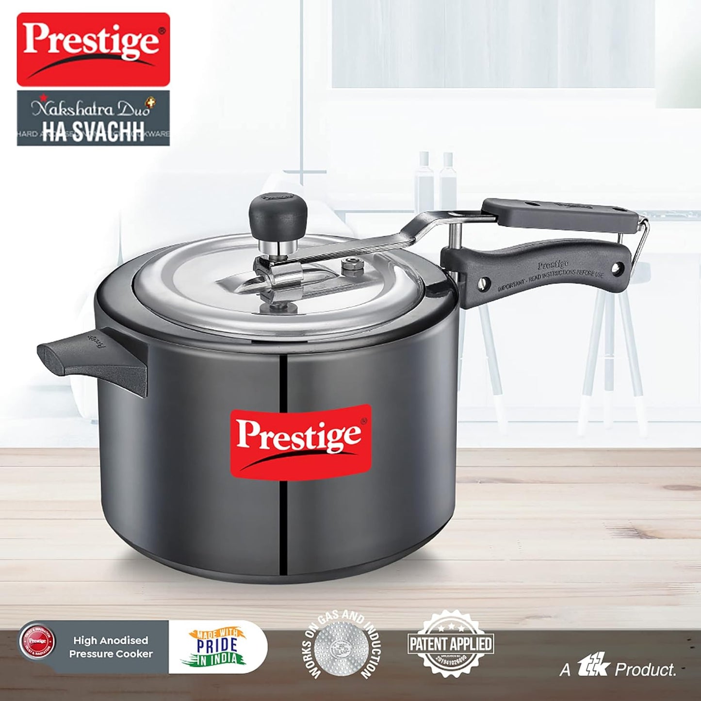 Prestige 5 Litres Nakshatra Duo Plus Svachh Hard Anodised Pressure Cooker (Aluminium) | Gas & Induction Compatible - 20534