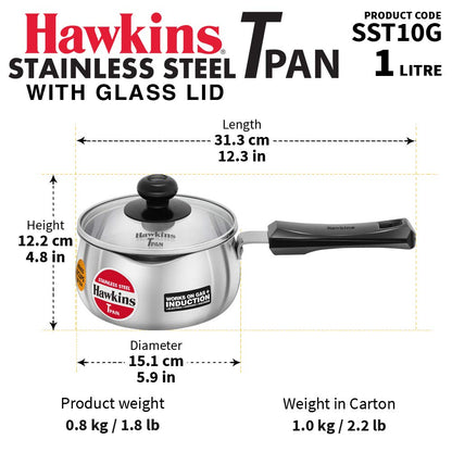 Hawkins 1 Litre Tpan With Glass Lid, Stainless Steel Tea Pan, Induction Base Sauce Pan, Chai Pan, Small Pan - SST10G