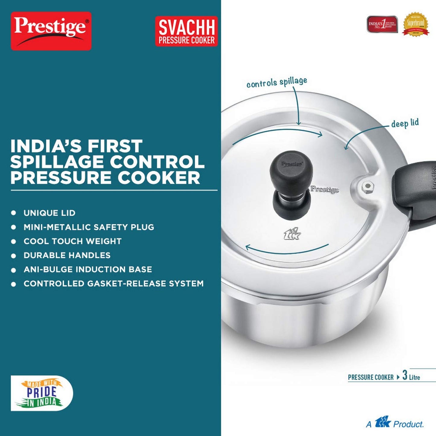 Prestige Svachh Popular Spillage Control Stainless Steel Outer Lid Pressure Cooker, 3 Liters - 20172