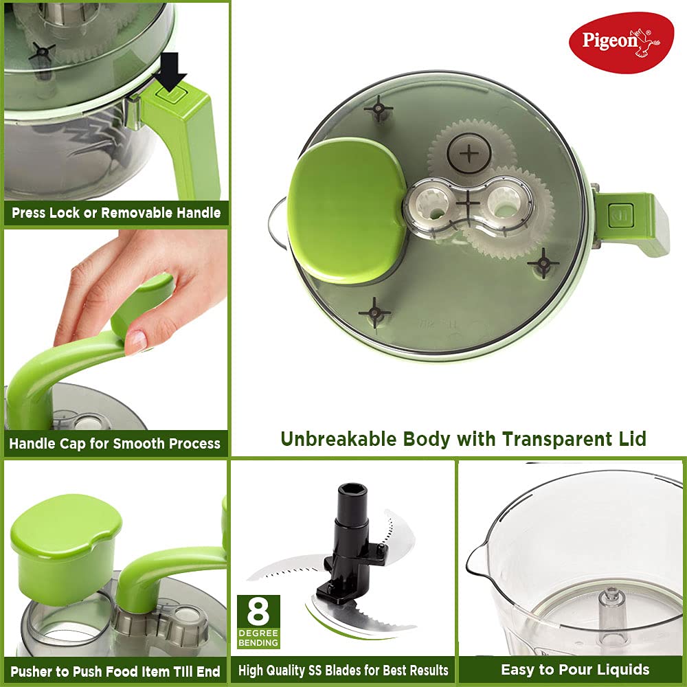 Pigeon Tornado Turbo Manual Chopper 1.5 Litres Used for Chopping, Atta Kneader, Slicing, Shredding and Whipping, Green - 14691