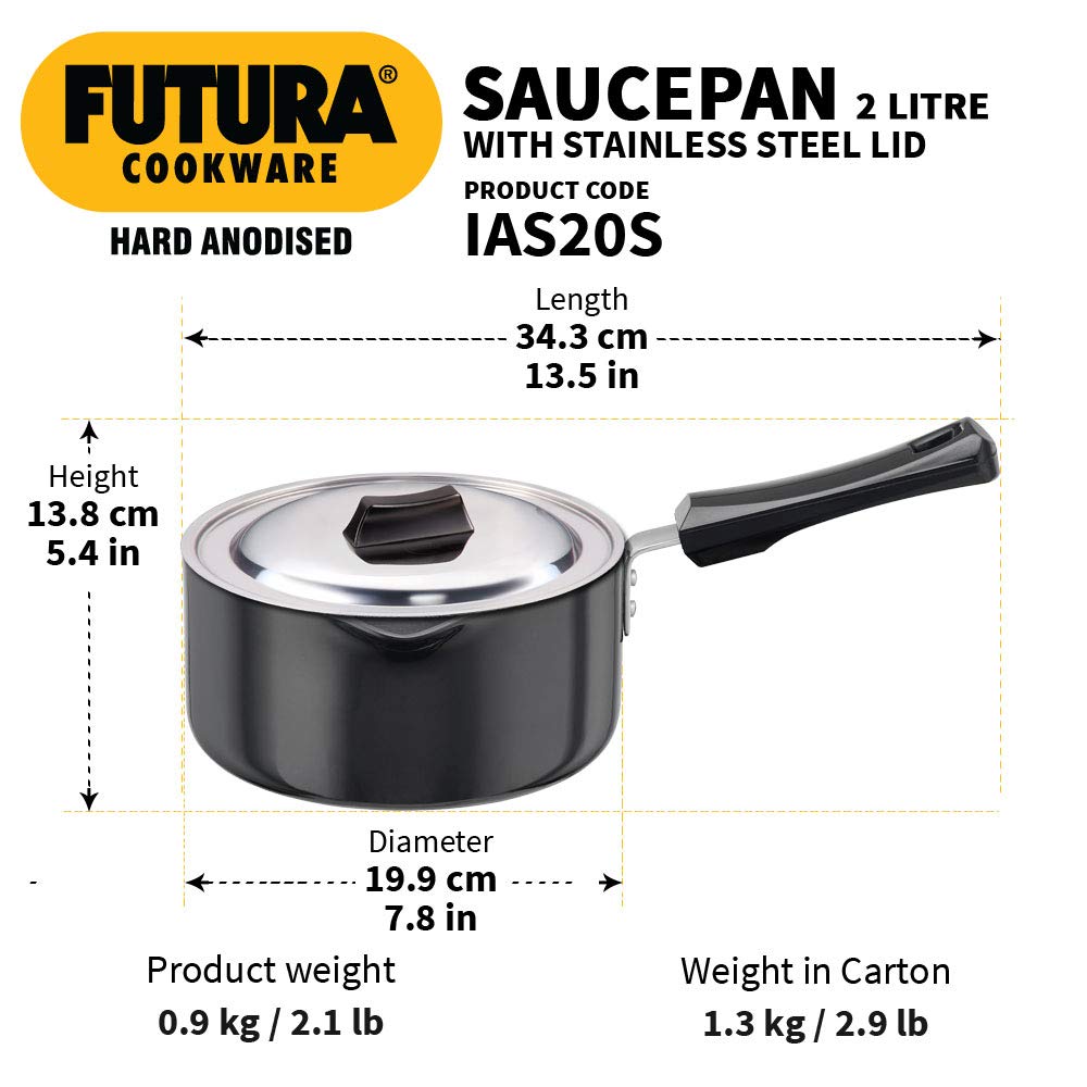 Hawkins Futura Hard Anodised Sauce Pan With Stainless Steel Lid 2 Litres | 18cm, 3.25mm, Induction Base - IAS 20S