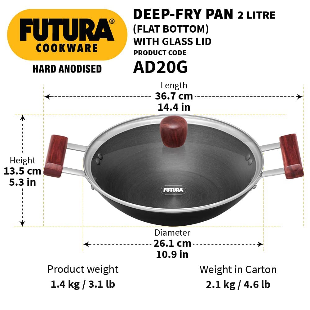 Hawkins Futura Hard Anodised Flat Bottom Deep Fry Pan With Glass Lid 2 Litres | 26 cms, 3.25mm - AD 20G