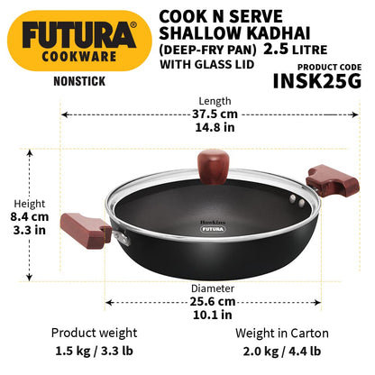 Hawkins Futura Non-stick Flat Bottom Shallow Kadhai, Fry Pan With Glass Lid 2.5 Litres | 26 cms, 3.25mm, Induction Base - INSK 25G