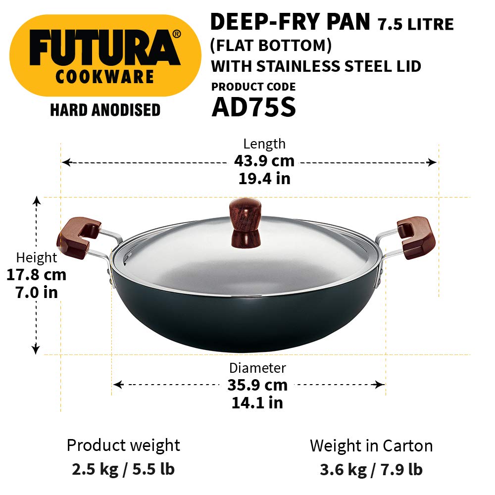 Hawkins Futura Hard Anodised Flat Bottom Deep Fry Pan With Stainless Steel Lid 7.5 Litres | 36 cms, 4.06mm - AD 75S