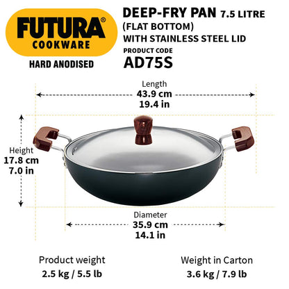 Hawkins Futura Hard Anodised Flat Bottom Deep Fry Pan With Stainless Steel Lid 7.5 Litres | 36 cms, 4.06mm - AD 75S