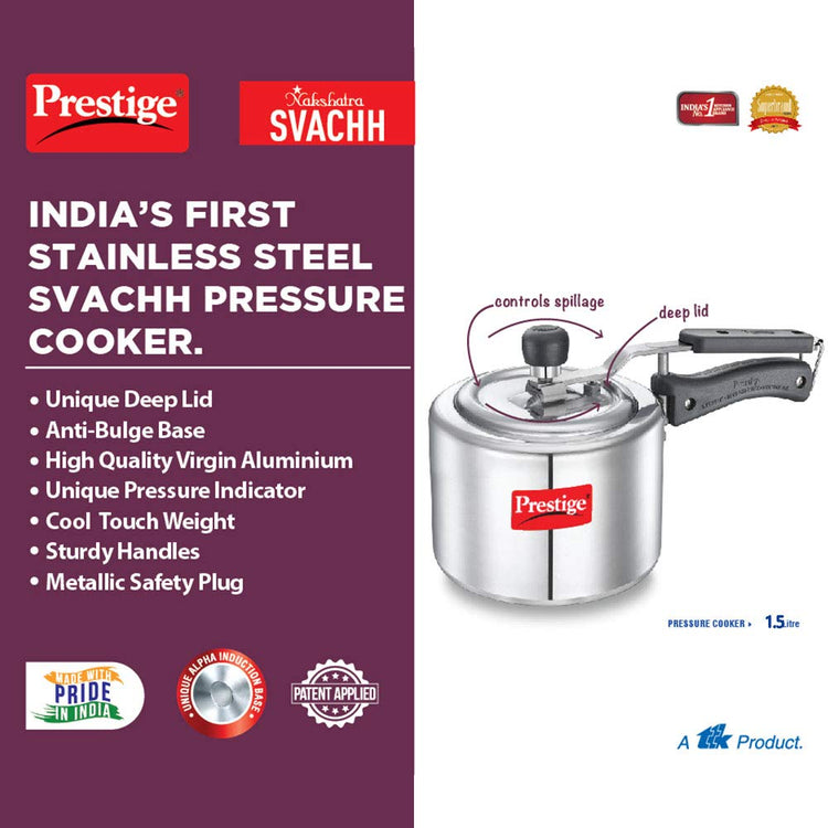 Prestige Nakshatra Svachh 1.5 Litres, Straight Wall Aluminium Inner Lid Pressure Cooker, with Deep Lid for Spillage Control - 10738