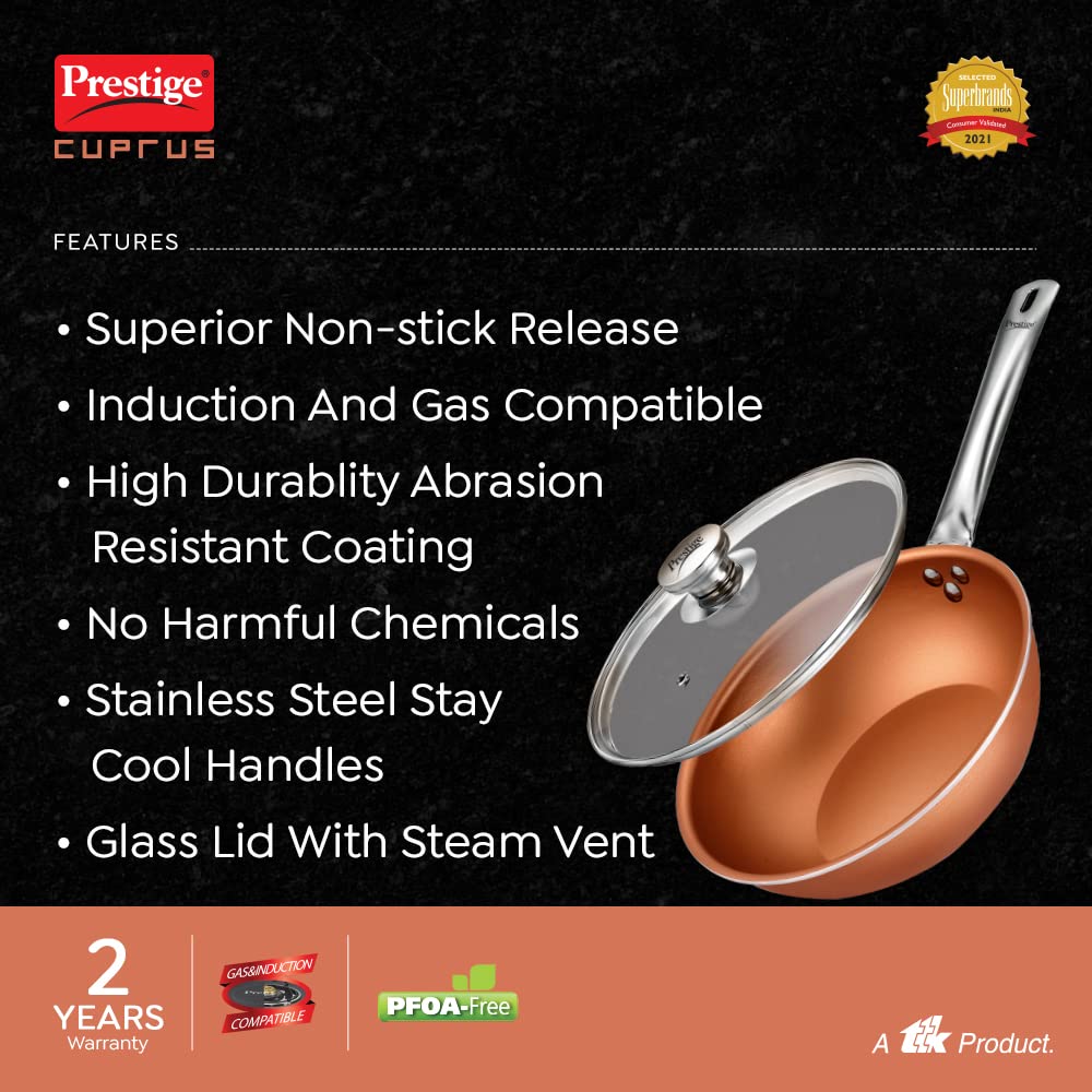 Prestige Cuprus Aluminium Gas and Induction Compatible Non-Stick Kadai with Glass Lid 240mm | 2.5 Litres Copper - 37479