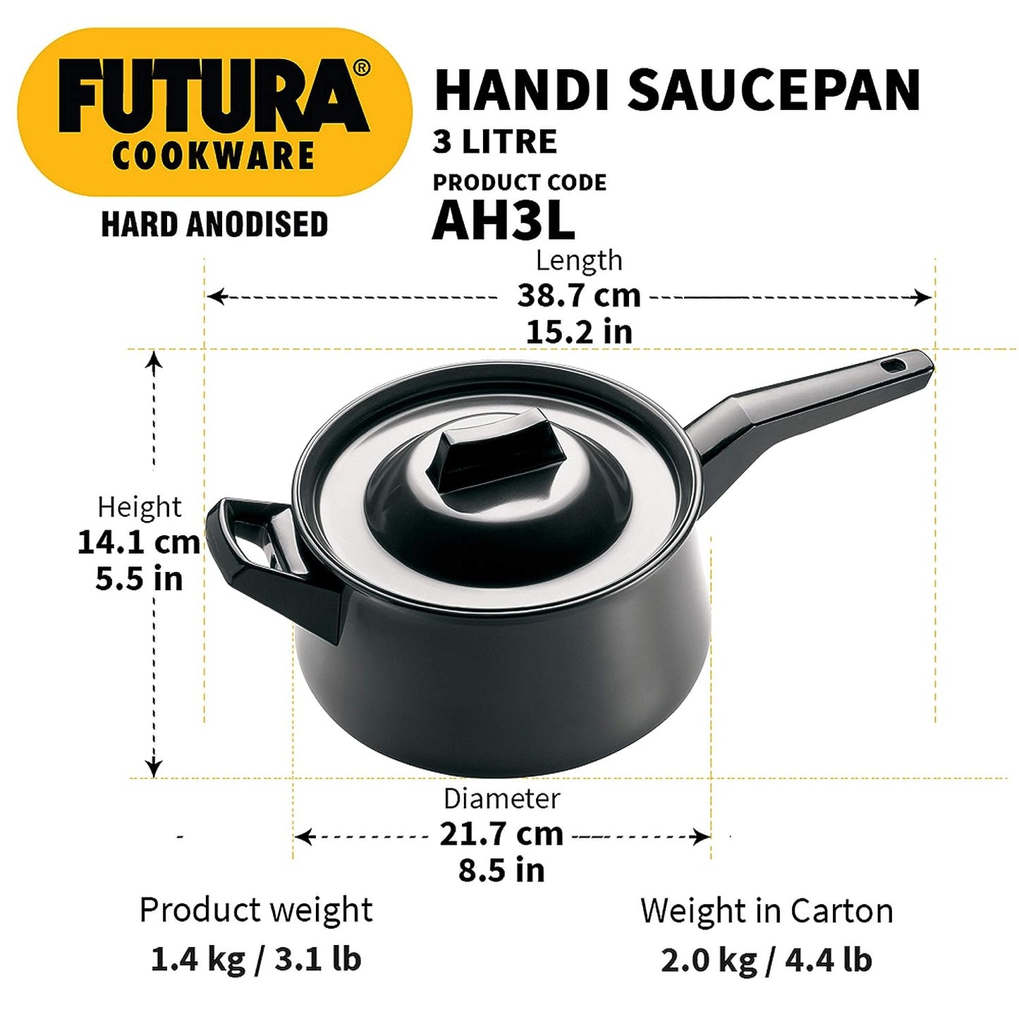 Hawkins Futura Hard Anodised Cook n Serve Handi (Sauce Pan), 1 Long Handle & 1 Short Handle 3 Litres | 21cm, 4.06mm - AH 3L