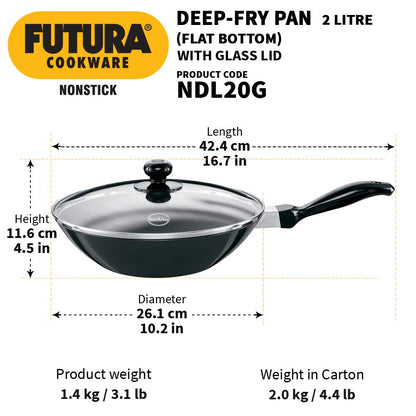 Hawkins Futura Non-stick Flat Bottom Deep Stir Fry Pan With Glass Lid 2 Litres | 26 cms, 3.25mm - NDL 20G