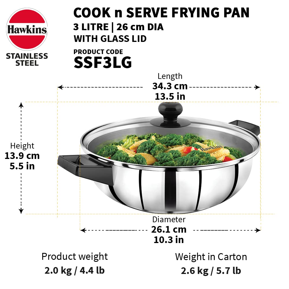 Hawkins Stainless Steel Sandwich Bottom Cook n Serve Frying Pan With Glass Lid 3 Litres | 26cm - SSF3LG