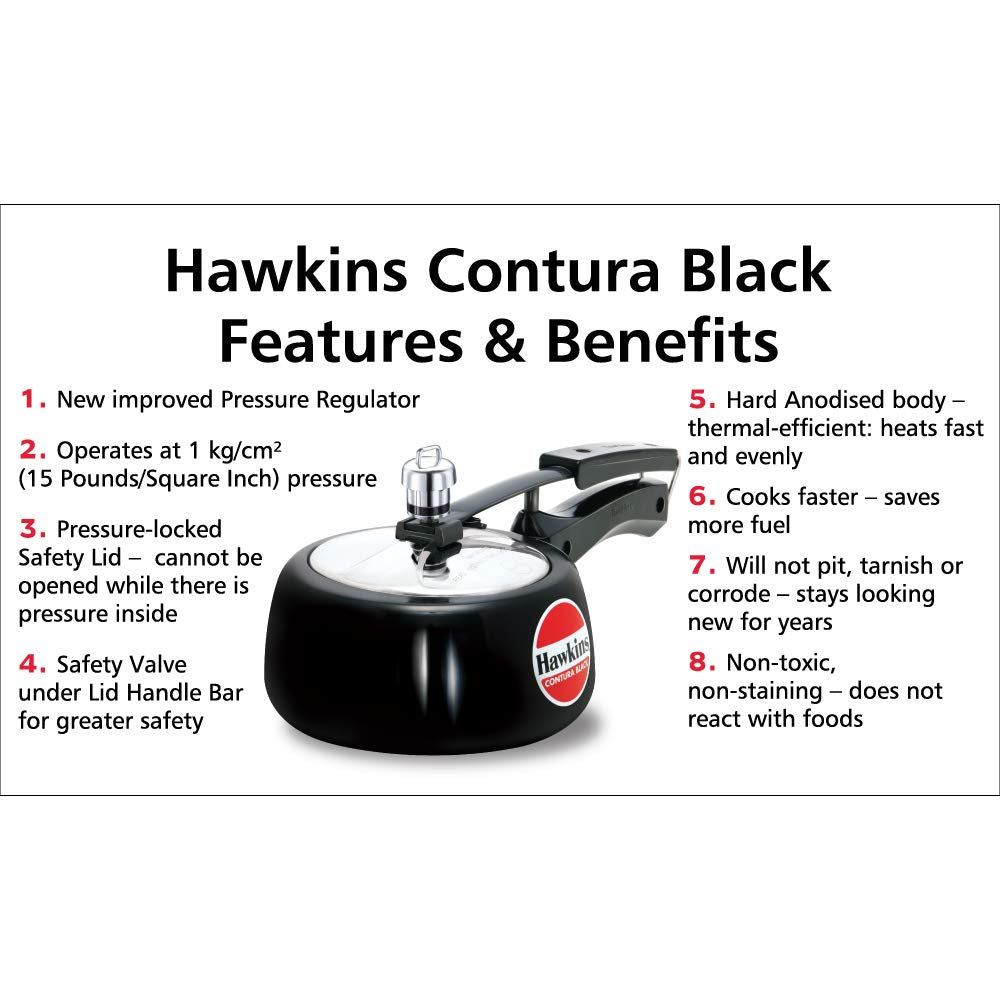 Hawkins Contura Hard Anodized Pressure Cooker, 1.5 Liters, Black - CB15