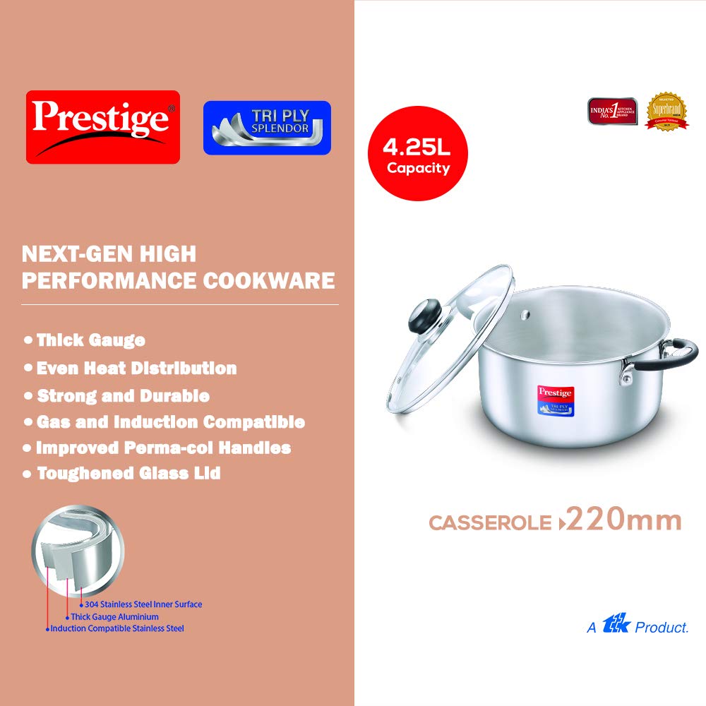 Prestige Tri-ply Splender Stainless Steel Casserole 220mm | 4.25 Litres - 37420