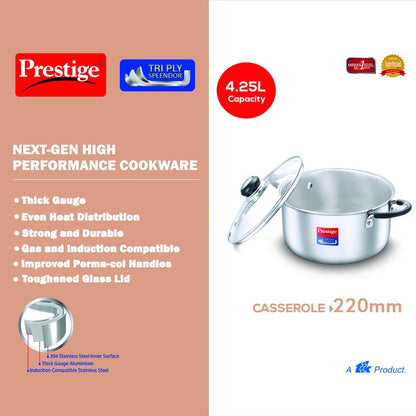 Prestige Tri-ply Splender Stainless Steel Casserole 220mm | 4.25 Litres - 37420