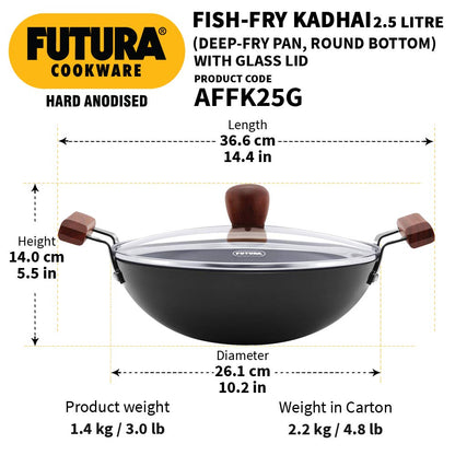 Hawkins Futura Hard Anodised Round Bottom Deep Fry Pan With Glass Lid 2.5 Litres | 25 cms, 3.25mm - AFFK 25G