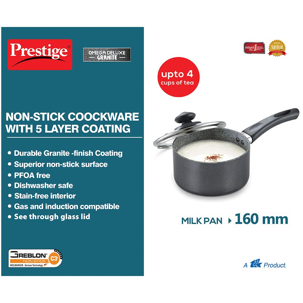 Prestige Omega Deluxe Granite Non-stick Milk Pan with Lid, 16cms - 36314