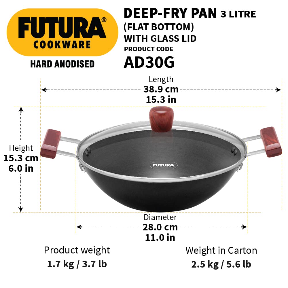 Hawkins Futura Hard Anodised Flat Bottom Deep Fry Pan With Glass Lid 3 Litres | 28 cms, 4.06mm - AD 30G