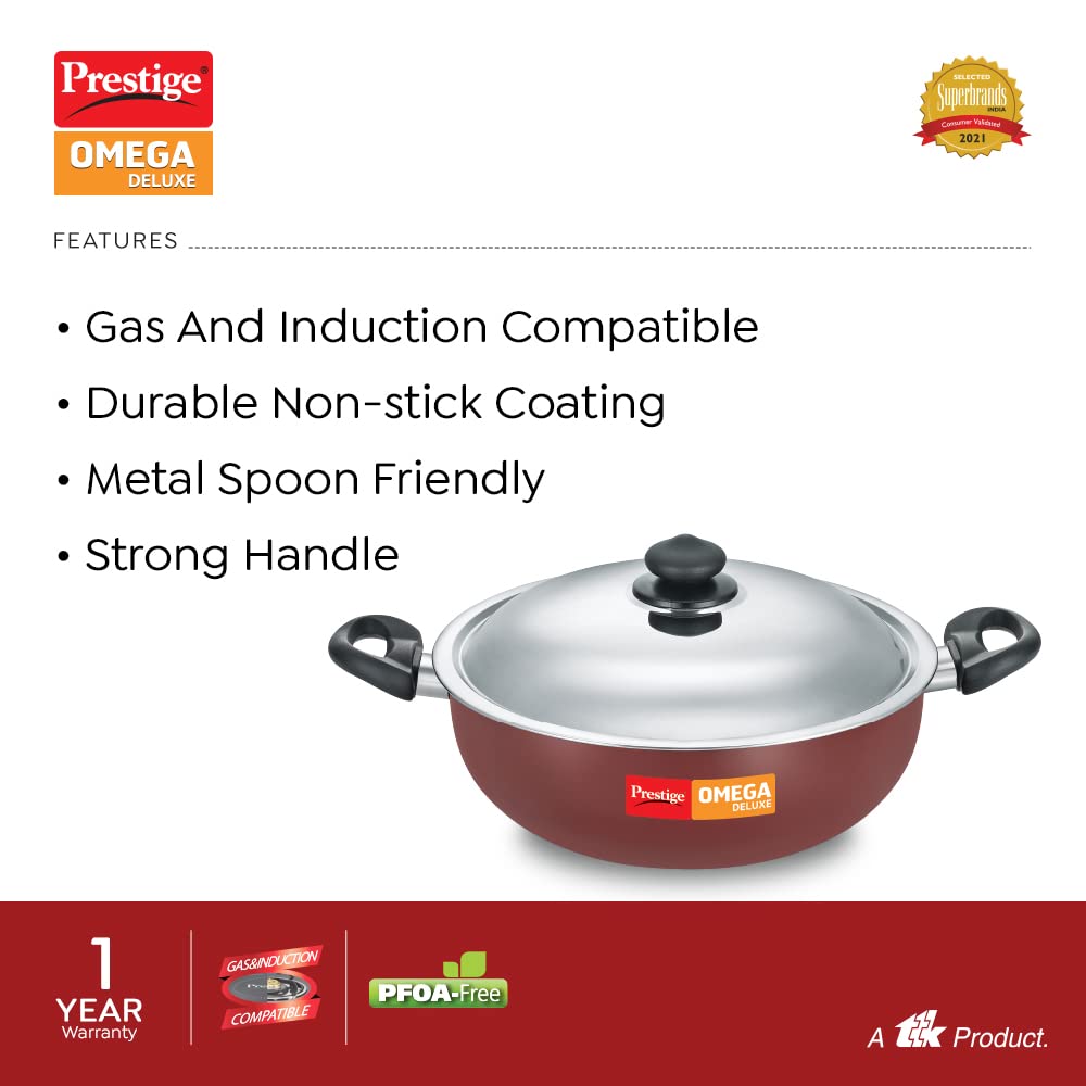 Prestige Omega Deluxe Induction Base Non-Stick Aluminium Kadhai With Stainless Lid Red 280mm - 37459