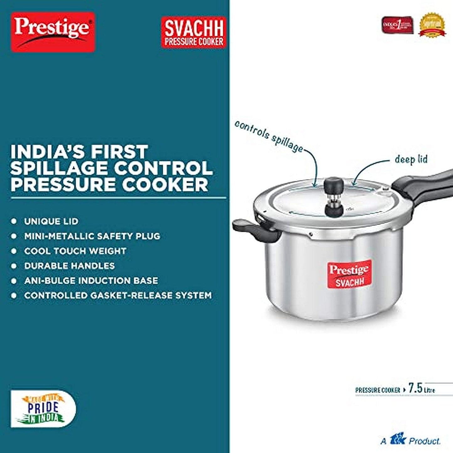 Prestige Svachh Aluminium Outer Lid Pressure Cooker 7.5 Litres - 10727