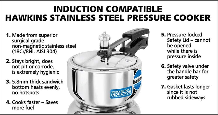 Hawkins Stainless Steel Induction Compatible Inner Lid Pressure Cooker, 2 Litres - HSS20