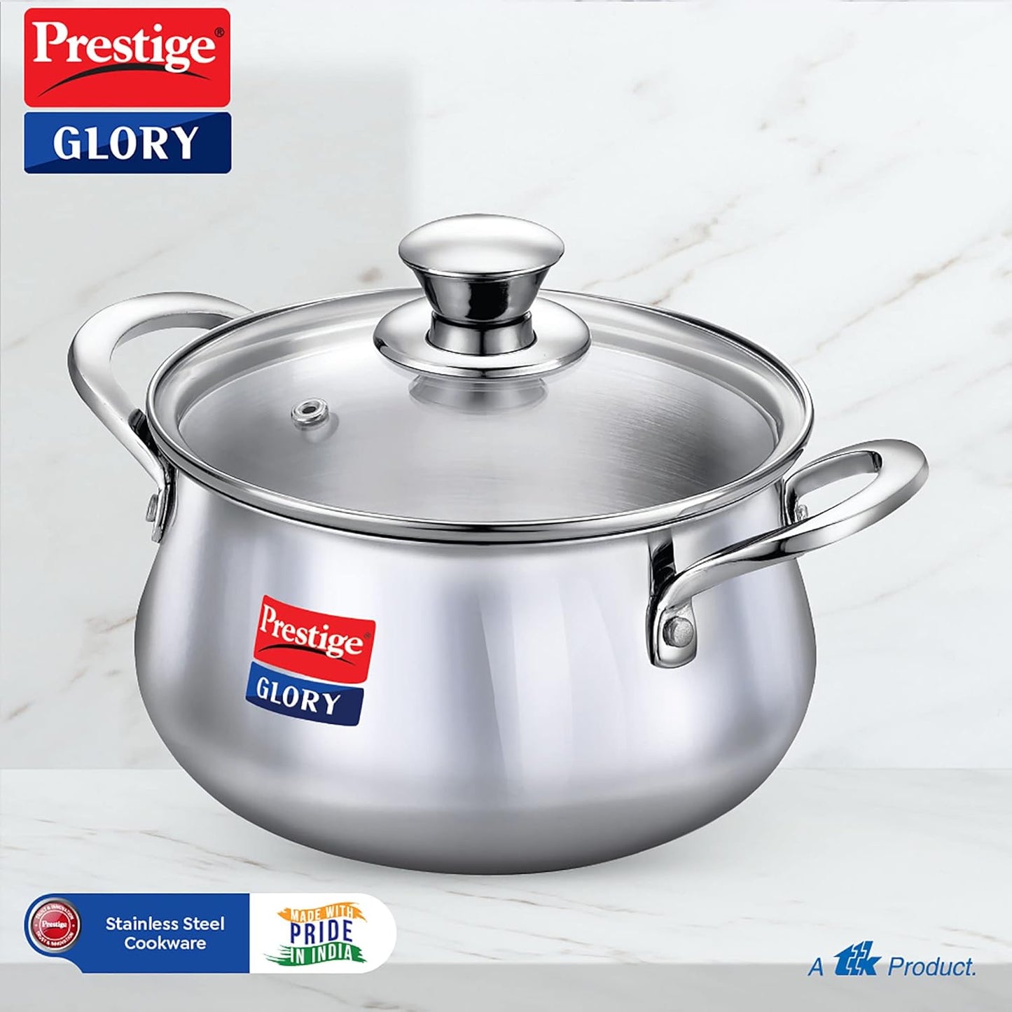 Prestige Glory Stainless Steel Handi (18cms, 3Litres) with Glass Lid | Unique Tri-ply bottom| Oven (OTG safe) - 37523