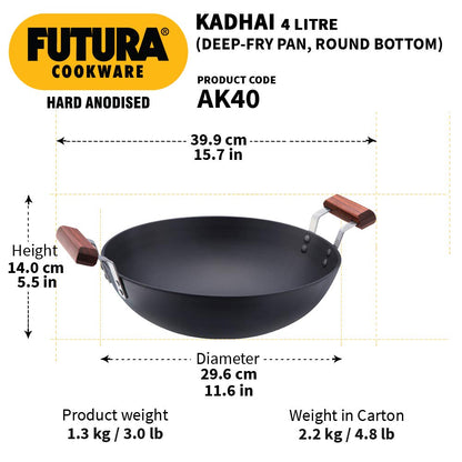 Hawkins Futura Hard Anodised Round Bottom Deep Fry Pan 4 Litres | 30 cms, 4.06mm - AK 40