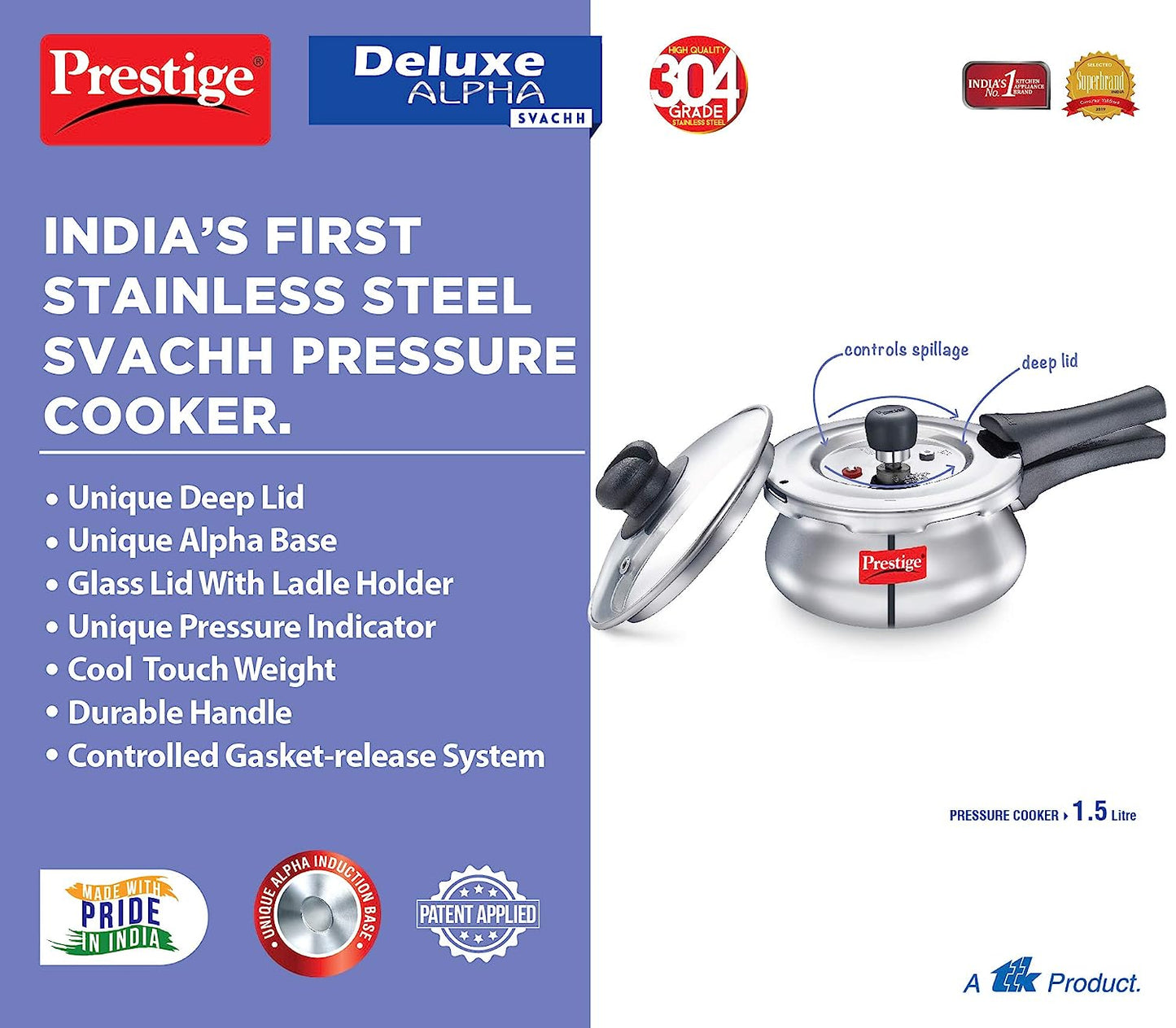 Prestige Deluxe Alpha Svachh Stainless Steel Outer Lid Pressure Cooker 1.5 Litres with Glass Lid (With Deep Lid For Spillage Control) - 20265