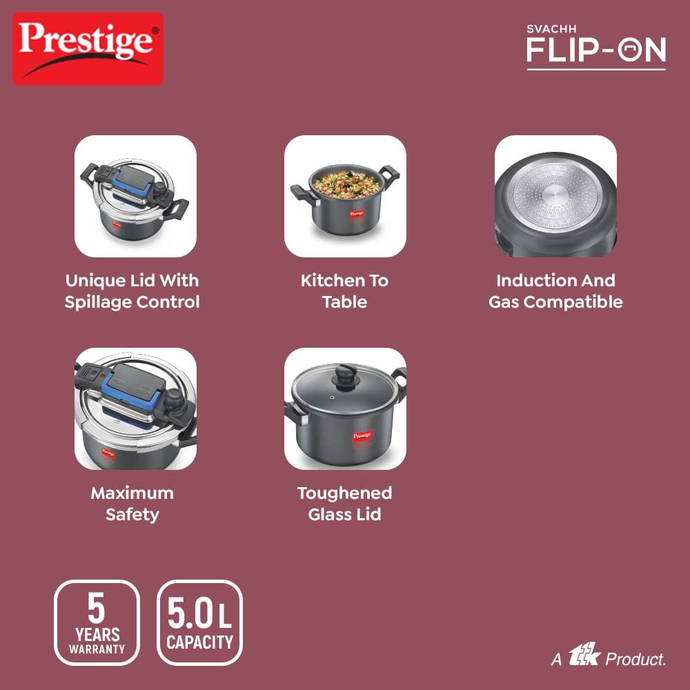 Prestige 5 Litres Svachh FLIP-ON Hard Anodised Pressure Cooker with glass lid | Innovative lock lid with spillage control | Gas & Induction compatible - 20161