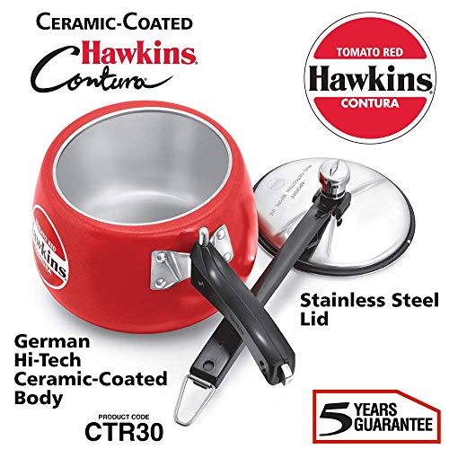 Hawkins Ceramic- Coated Contura 3 Litres Tomato Red Aluminium Inner Lid Pressure Cooker - CTR30