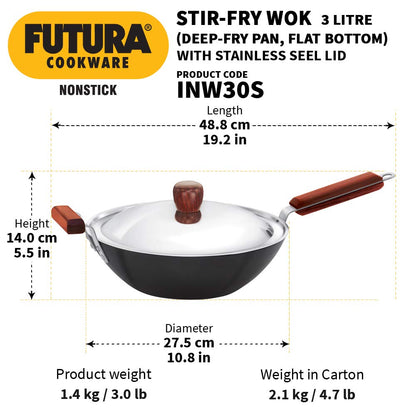 Hawkins Futura Non-stick Flat Bottom induction Base Deep Stir Fry Pan 3 Litres | 27 cms, 3.25mm - INW 30S