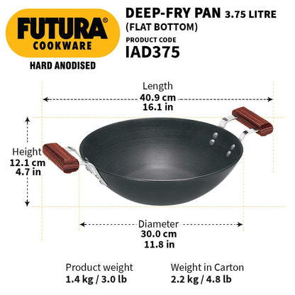 Hawkins Futura Hard Anodised Flat Bottom Induction Compatible Deep Fry Pan 3.75 Litres | 30 cms, 4.06mm - IAD 375