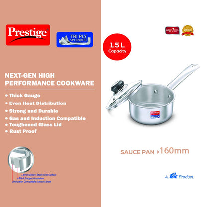 Prestige Tri-ply Splender Stainless Steel Sauce Pan with Lid 160mm | 1.5 Litres - 37417