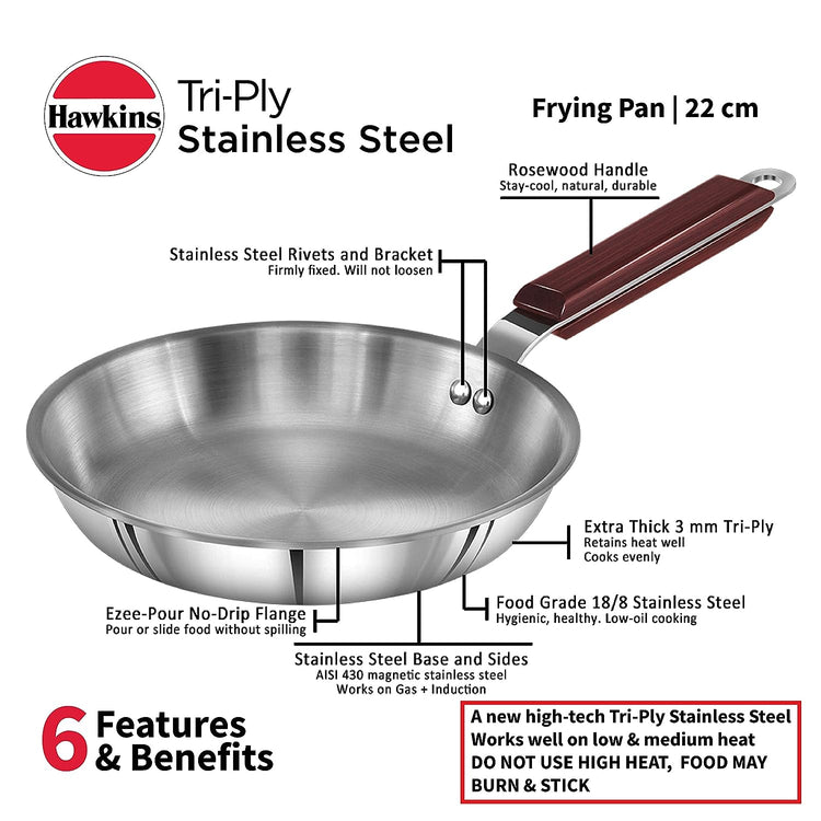 Hawkins Triply Stainless Steel Induction Base Fry Pan 22cm - SSF 22