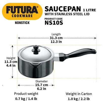 Hawkins Futura Non-stick Sauce Pan With Stainless Steel Lid 1 Litres | 14cm, 3.25mm- NS 10S