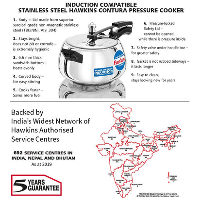 Hawkins Stainless Steel Contura Induction Compatible Inner Lid Pressure Cooker, 5 Litres - SSC50