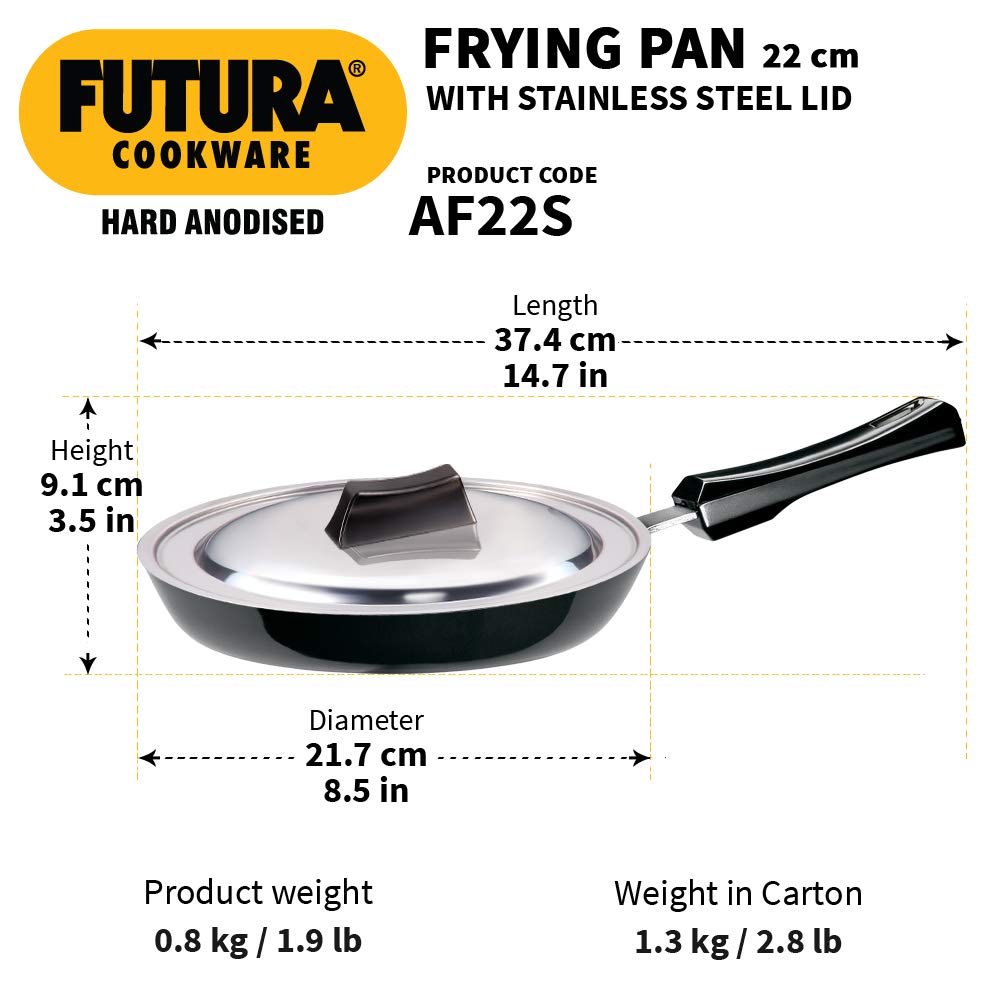 Hawkins Futura Hard Anodised Fry Pan With Stainless Steel Lid 22 cms | 4.06mm - AF 22S