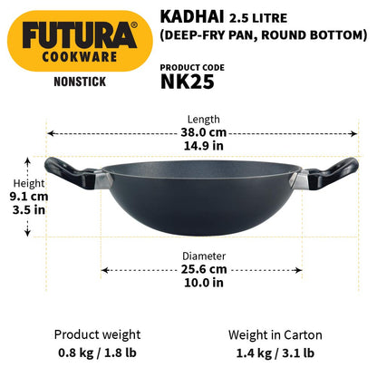 Hawkins Futura Non-stick Round Bottom Kadhai, Deep Fry Pan 2.5 Litres | 26 cms, 3.25mm - NK 25