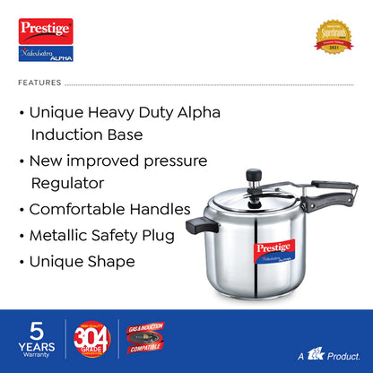 Prestige 7 Litres Nakshatra Alpha Induction Base Inner Lid Stainless Steel Pressure Cooker |Silver | Metallic Safety Plug | Durable Handles | Pressure Regulator - 20553