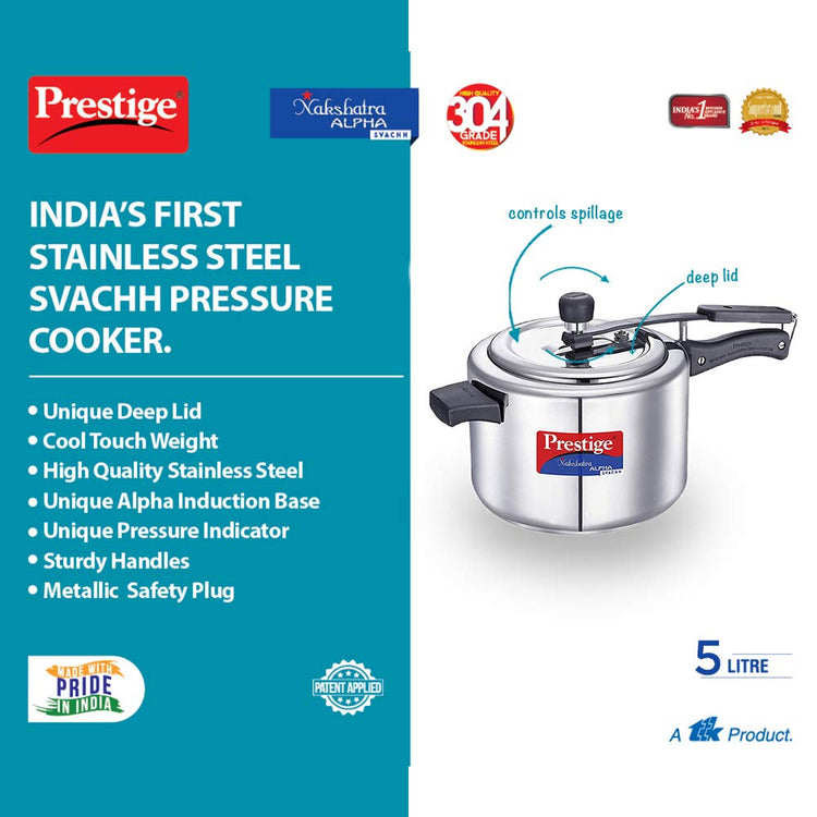 Prestige Nakshatra Alpha Svachh Stainless Steel, 5 Litres, Straight Wall, Spillage Control Pressure Cooker - 20246