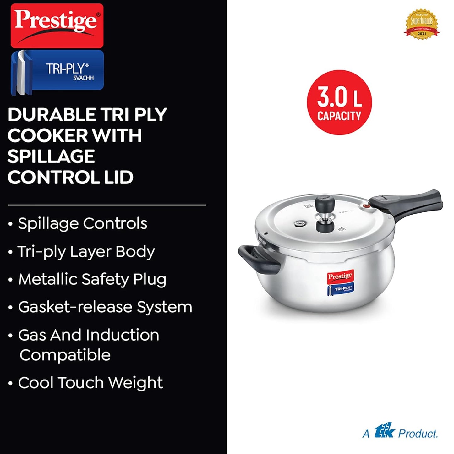 Prestige 3 Litre Svachh Tri-Ply handi pressure cooker Outer Lid | Deep Lid for spillage control | Metallic Safety Plus | 5 years warranty - 20706