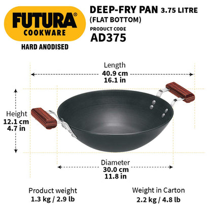 Hawkins Futura Hard Anodised Flat Bottom Deep Fry Pan 3.75 Litres | 30 cms, 4.06mm - AD 375